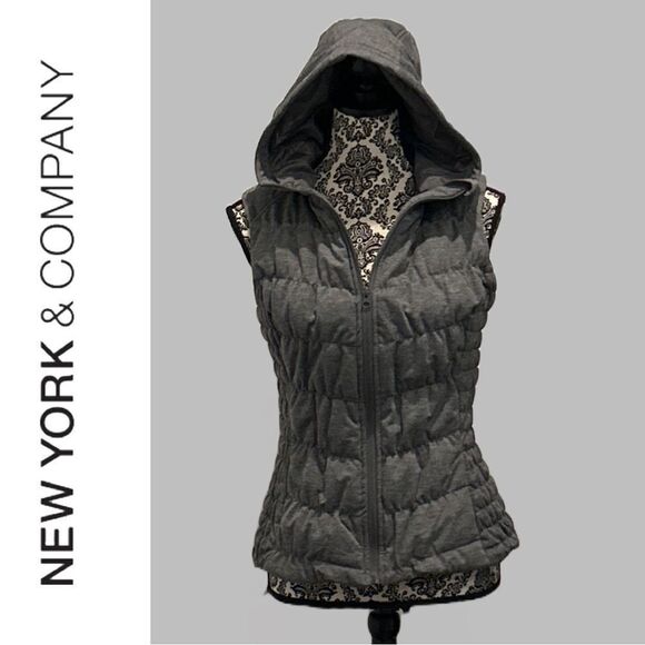New York & Company Women’s Heather Hooded‎ Gray Gathered Vest - Size XS - Picture 1 of 3